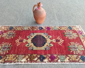 Kleurrijke loper 2 x 4 mager, vintage tapijt 2 x 4, Oushak-tapijt 2 x 4, Perzisch 2 x 4 heriz-tapijt, rood Turks tapijt 2 x 4, smal klein tapijt 2 x 4 loper