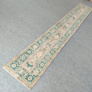 May include: A long, rectangular rug with a beige central field and a detailed border in teal and beige. The rug features floral and geometric patterns, creating a vintage or antique aesthetic. The rug is placed on a grey surface.