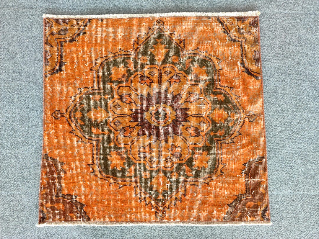 2x2 Rug Vintage, Orange Small Rug, Square Rug, Turkish 2x2 Oushak Rug ...