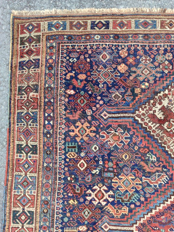 5x7 Navy Antique Tribal rug: Oriental Geometric rug Vibrant, Heriz Serapi rug, Caucasian rug