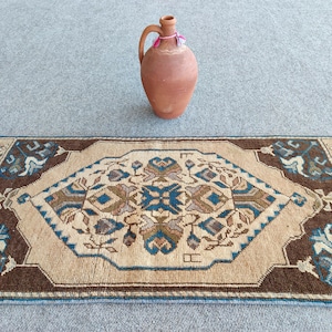 2x4 rug doormat, Skinny rug, Turkish rug 2x4, Oushak rug 2x4, Narrow small rug 2x4 runner, Vintage rug 2x4, Antique rug rare, Brown rug wool