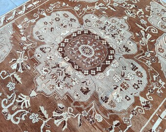 Brown 8x10 Turkish rug, Modern oushak rug 8x10, Oversize vintage rug 8x10 gray, Persian 8x10 heriz rug, Oversize Living room rug 8x10 rare