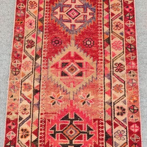 Red 3x12 Herki runner, Heriz runner rug 3x12 vintage, Antique 3x12 turkish runner, Afghan rug 3x12, Persian runner rug, Oushak rug 3x12 ft