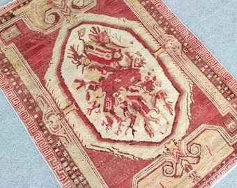 4x5 Turkish Kula Rug Red Color square: Antique Oriental rug 4x5, Rare Furniture