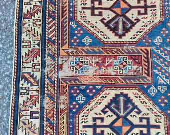 Zeldzaam Kaukasisch tapijt 4x7, Shirvan tapijt, Antiek Azerbeidzjaans tapijt 4x7, Blauw oosters tapijt 4x7, Tribaal Heriz tapijt 4x7, Kleurrijk vintage tapijt 4x7
