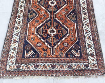Crazy 4x5 antique Tribal rug, Geometric rug 4x5 Navy, Heriz rug 4x5 vintage, Afghan rug, Oriental rug, Karaja rug, Vibrant Turkish rug