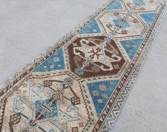 Rare 3x10 Herki runner rug, Antique 3x10 persian runner, blue brown rug 3x10 vintage, turkish 3x10 oushak runner, Kitchen rug, Oriental rug