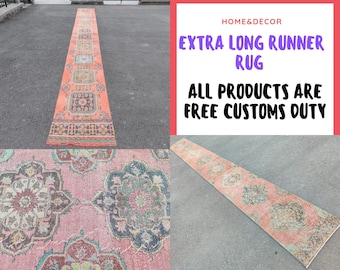 Extra lang loper wol Oosters handgemaakt Antiek: Turks vintage Oushak loper vloerkleed Zeer lang tapijt
