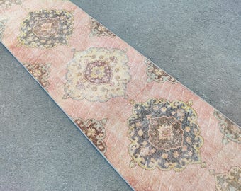 18 'ft roze loper extra lang, loper traptapijt, loper 2 x 18 Turks, vintage 3 x 18 oushak loper, loper lange gang