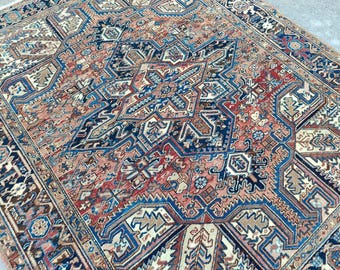 7x9 Serapi Heriz area rug 80 years old Hand-Knotted Wool: Oriental rug Colorful, Rare Furniture Antique