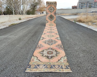 May include: A long, rectangular, vintage rug with an intricate floral pattern in shades of peach, blue, brown, and cream. The rug is displayed outdoors on a paved road, showcasing its length and design.