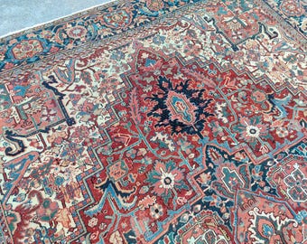 9x12 Persian area rug, Serapi rug antique 9x12, Oversize Heriz rug 9x12, Mahal rug, Living room rug 9x12 vintage, Oriental rug rare pattern