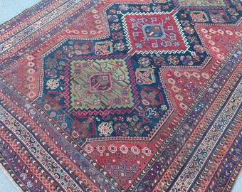 7x10 Shiraz rug antique Vibrant color, Persian area rug 7x10, Oversize heriz Serapi rug, Large oriental rug 7x10, Home furniture dark color