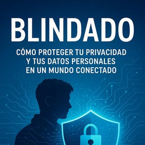 May include: A blue graphic with the word "BLINDADO" in white, above text in Spanish. A silhouette of a person holds a shield with a lock icon. The background features a circuit board design.