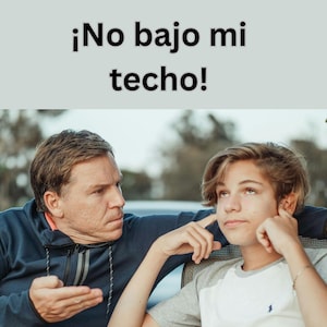 May include: Image of a book cover with a photo of a man and a teenager. The text at the top says "¡No bajo mi techo!" and the text at the bottom says "Una guía de supervivencia para la rebelión adolescente" by Steve McChesney, Ph.D.