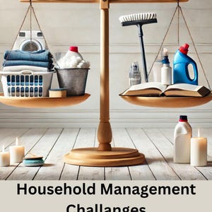 May include: A wooden balance scale with two trays. The left tray has a basket of laundry, a bottle of laundry detergent, and a white towel. The right tray has a book, a bottle of cleaning solution, a spray bottle, a broom, and a candle. The scale is on a wooden floor with two candles and a blue sponge.