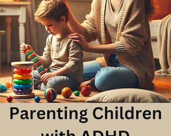 May include: A woman and a young boy are sitting on the floor. The woman is touching the boy's head. The boy is playing with a colourful stacking toy. The text on the image reads "Parenting Children with ADHD Solutions and Tips for Raising Neurodivergent Kids Steve McChesney, Ph.D. Leah Sierra."