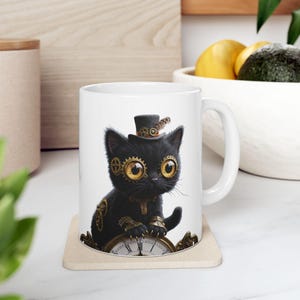 Steampunk Kitten Ceramic Mug, Cute Black Cat Coffee Cup, Gift for Cat Lovers, 11oz 15oz Novelty Tea Mug, Vintage Style Espresso Mug
