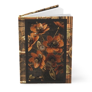Steampunk Inspired Hardcover Journal Matte with Orange Flowers, Writing Notebook, Vintage Style Diary, Retro Bullet Journal, Gift