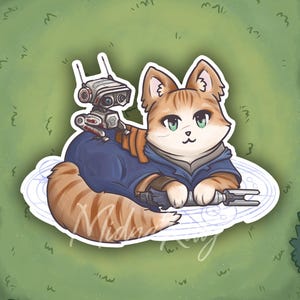 May include: A cartoon illustration of a ginger cat wearing a blue robe and holding a lightsaber. A small, white and red robot is sitting on the cat's back.