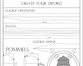 May include: A black and white line drawing of a sword with the text "GLADIUS CREATE YOUR SWORD" above it. The drawing shows the different lengths of the swords, including the Gladius Hispanensis, Spatha, and Gladius Mainz. The drawing also shows the different pommels that can be used for the swords. The text "CONTAINS: BLADES: * I GLADIUS HISPALIENSIS * I GLADIUS MAINZ * II GLADIUS POMPEII * I GLADIUS FULLHAM HILTS: * III DIFFERENT POMMELS * II HANDLES WITH 3 DIFFERENTS SIZES * II DIFFERENT SIZE GUARDS CUSTOMIZABLE PATTERNS!" is below the drawing.