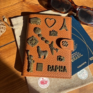 Personalized RFID Blocking Snap Closure Leather Passport Wallet with Charms and Name: Custom Travel Accessory