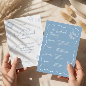 Plantilla editable de itinerario para despedida de soltera: Horario de fin de semana (descarga digital, plantilla A6 de Canva) Azul y blanco