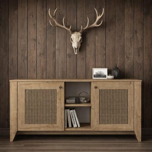 May include: A light wood-toned cabinet with woven door panels and a central open shelf. The cabinet is set against a wood-paneled wall, with a deer skull and framed artwork above. A decorative lantern and small bowl sit on top.