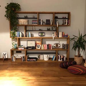 Large Wooden Bookshelf - Massive Decorative Bookcase - Solid Wood Book Storage - Modern Big Library - Rustic Multi Purpose Furniture