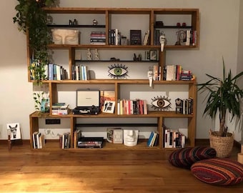 Large Wooden Bookshelf - Massive Decorative Bookcase - Solid Wood Book Storage - Modern Big Library - Rustic Multi Purpose Furniture