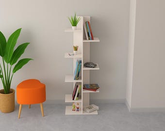 White Minimalist Bookcase, Bookcase with irregular shelves