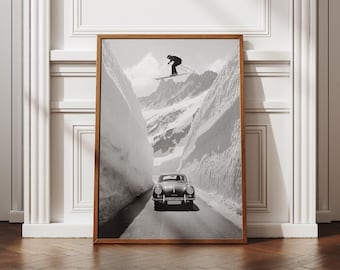 Vintage Ski Wall Art, Alpine Black and White Photography, Porsche Winter Print