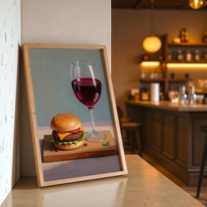 Czerwone wino i cheeseburger, sztuka koktajlowa, dekoracja wózka barowego, eleganckie farby olejne, dekoracja ścienna kuchni, sztuka ścienna na płótnie