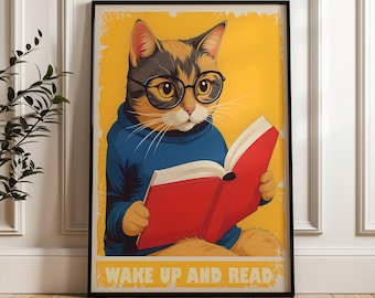 Cat Reading Art Print: Library Wall Decor