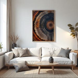 Arte de parede com anéis de árvore - Impressão em tela emoldurada para amantes da natureza, decoração minimalista com textura de madeira, arte de parede botânica moderna para casa
