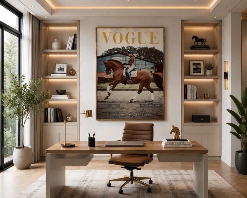 以下が含まれることがあります： 馬と騎手が描かれた、額入りのVogue誌の表紙が特徴的なオフィス空間。木製の机、革張りの椅子、本や装飾品が置かれた作り付けの棚があります。ゴールドのデスクランプと鉢植えの植物も配置されています。