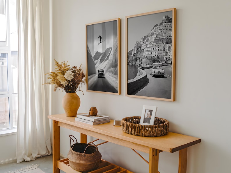 Black and White Amalfi Coast Print: Vintage Italian Car Wall Art image 3