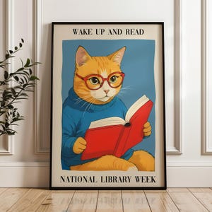 Cat Reading Poster, Library Wall Decor, Wake Up and Read!, National Library Week 1960 Wall Art, Retro Library Posters
