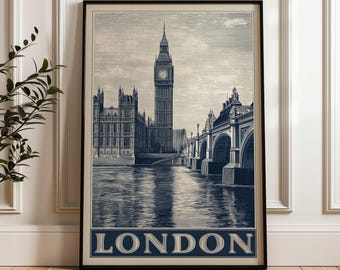 Vintage reisposter Londen – canvasafdruk Big Ben en Westminster Bridge, stadsmuurkunst UK