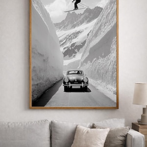 Vintage Ski Wall Art, Alpine Black and White Photography, Porsche Winter Print