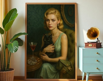 Op de afbeelding: Een ingelijst portret van een vrouw in een groene jurk die een zwarte kat vasthoudt. Een cocktail en een asbak staan op een kleine tafel. Een vintage platenspeler en een potplant staan ook in de kamer.