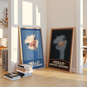 Funny Ostrich Art Print: Hello Sweet Cheeks, Vintage Animal Poster