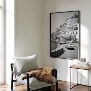 Black and White Amalfi Coast Print: Vintage Italian Car Wall Art image 2