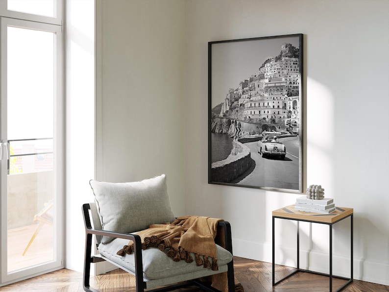 Black and White Amalfi Coast Print: Vintage Italian Car Wall Art image 2