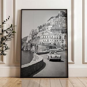Black and White Amalfi Coast Print: Vintage Italian Car Wall Art image 1