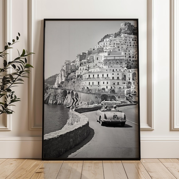 Black and White Amalfi Coast Print: Vintage Italian Car Wall Art