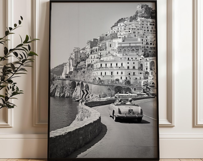 Black and White Amalfi Coast Print: Vintage Italian Car Wall Art