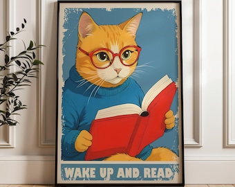 Cat Reading Poster: Library Wall Art, Book Lover Gift