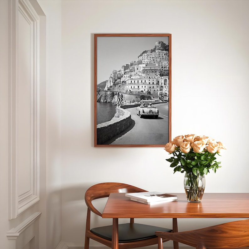 Black and White Amalfi Coast Print: Vintage Italian Car Wall Art image 7