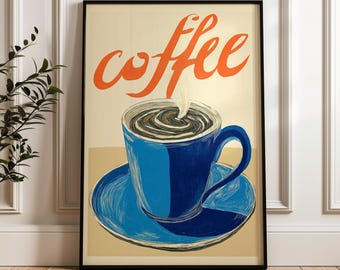 Coffee Wall Art – Vintage Coffee Poster, Blue Cup Illustration, Retro Kitchen Decor, Barista Gift